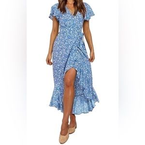 Women's Summer Floral Printed Wrap V Neck Beach Party Flowy Ruffle Midi …‌‌‍‍‍‍‍
